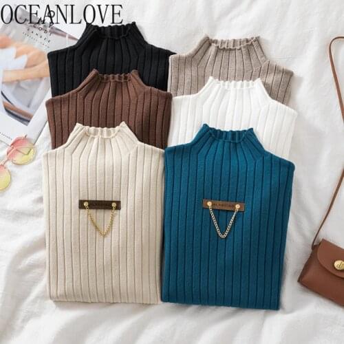OCEANLOVE Woman Sweaters Solid Chains Half Turtleneck 2021 Slim Autumn Winter Femme Chandails Ins Fashion Mujer Sueteres 19346
