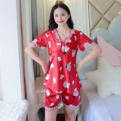 Pajamas Set for Womens Summer V-neck Silk Korean Loose Sweet Cute Short-sleeve Lace Home Wear Cloth Sexy Women Sleepwear Set