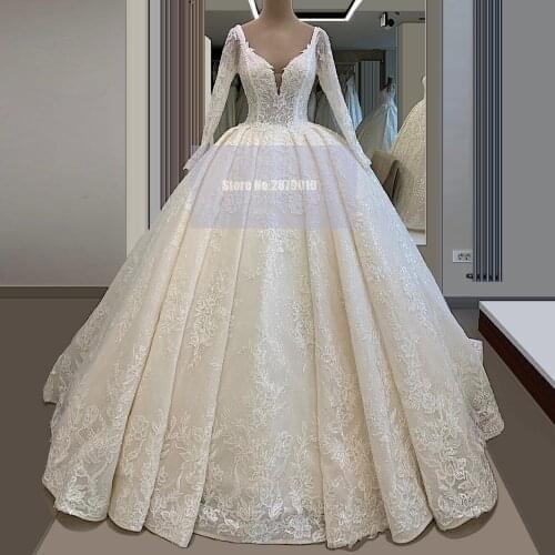 Luxury 2020 V-Neck Long Sleeves Mariage Wedding Dresses Ball Gown Floor-Length Applique Beaded Sequins Bridal Gown Lace up Train