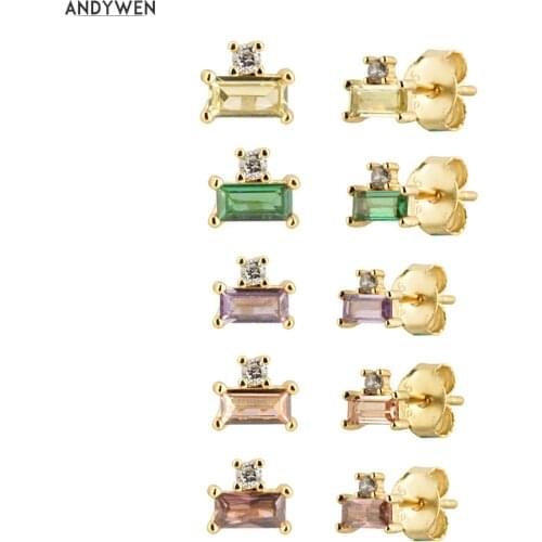 ANDYWEN 100% 925 Sterling Silver Small Zircon CZ Stud Earring 10 Color Mini Square Piercing Ohrringe Women Rock Punk Jewelry