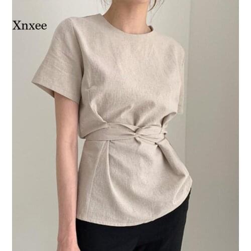 Chic Women Jpanese Linen Top Khaki Round Neck Blouse Solid Lace Up Short Sleeve Office Lady Shirts Daily Shirts Korean Clothing