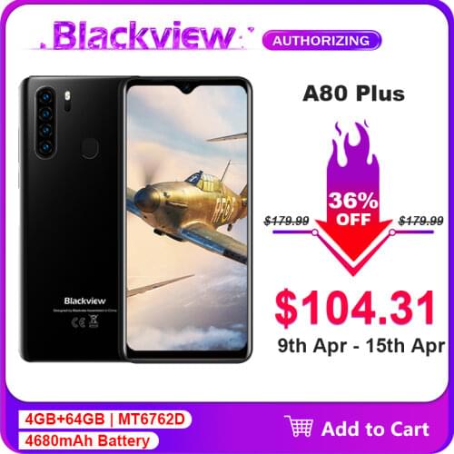Blackview A80 Plus 6.49'' 4GB+64GB MT6762D Octa Core Android 10.0 Smartphone 13MP Quad Camera 4680mAh 4G NFC Mobile Phone