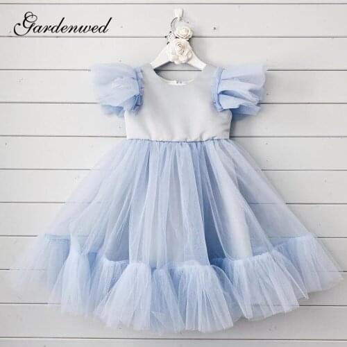 Light Blue Flower Girl Dresses O-Neck Ruffles Cap Sleeves Girls Wedding Party Dresses Tiered Pleat Tulle A-Line Communion Dress