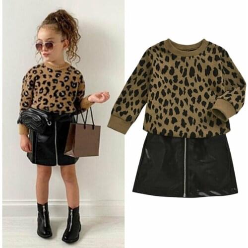 Citgeett Spring Toddler Baby Girl Kid Leopard Sweater Tops + Cortical Mini Skirt Dress Outfit Fashion Set Clothing