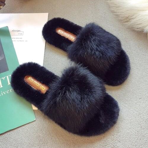 Women Autumn Winter Casual Fur Slippers Flat Non-slip Solid Real Fox Fur Slides Fluffy Slippers Ladies Shoes Woman