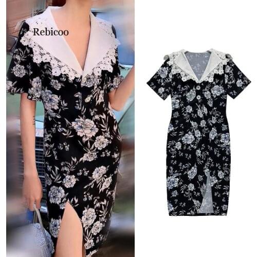 Fashion Streetwear Summer New French Dress Retro Black and White Rose Print Dress Lace Collar Waist High Slit Sexy Dress