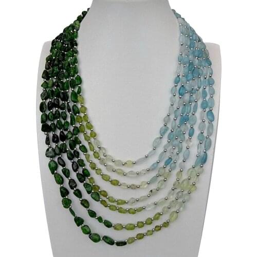 YYGEM 7 Strands Natural Aquamarine Peridot Diospside Prehnite Freefrom Statement Necklace Vintage style For women