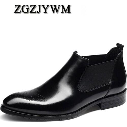 ZGZJYWM High Quality Mens Genuine Leather Black/Red Slip-On Pointed Toe Working Office Wedding Oxford Formal Ankle Boots