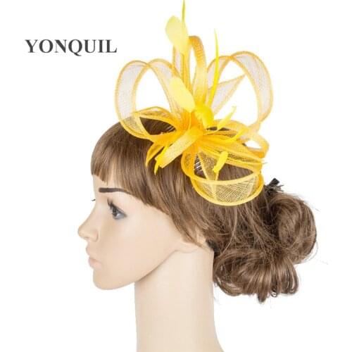 Yellow bridal millinery sinamay fascinators hair comb fashion feather hair accessories popular occasion headwear women party hat