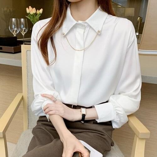 2020 New Korean Womens Tops and Blouse Loose Autumn and Winter OL Chiffon Casual Button Solid Turn-down Collar White Shirts 0885