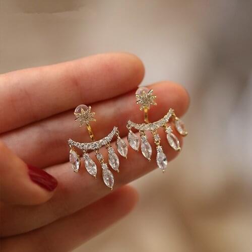 AOMU Summer Simple Crystal Tassel Pearl Metal Sector Back Hang Earrings Round Bead Stud Earrings for Women Fashion Jewelry Gifts