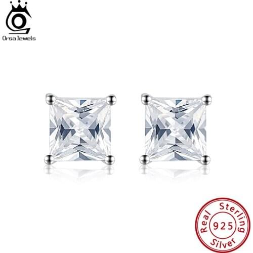 ORSA JEWELS 3mm 4mm 5mm 6mm Square Shape Large Shiny Stud Earring 925 Silver Trendy Earring Lady Girls Jewelry Gift OSE305