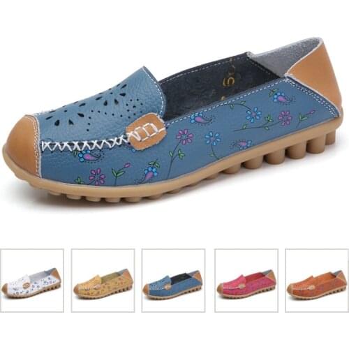 Women flat shoes 2021 new fashion ballet summer flower print women shoes genuine leathe loafers ladies flats shoes woman