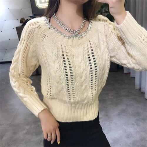 Pullover Acrylic Jumper Hot Sale Feminino 2019 New Winter Female Metal Chain Halter Paragraph Hollow Thread Wool Woman