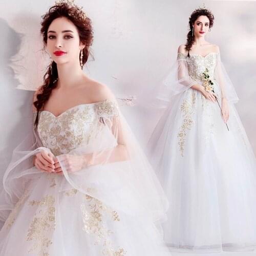 New white flared long sleeve off shoulder sweat golden flowers wedding dress bridal dress free shipping