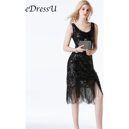 EDressU Sexy Black 1920s Vintage Dress Paillette Flapper Sequin Robe de Soiree Tassel Evening Party Dress CZ-LF21