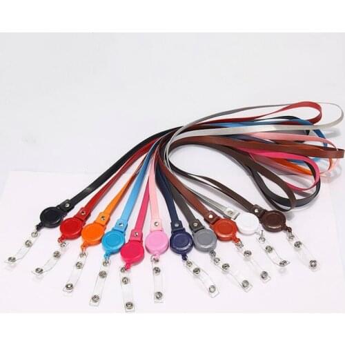 1pc PU Leather Lanyard with Retractable Badge Reel for Work Card Holder Neck Strap Employees Badge Holder Rope Office Supplies