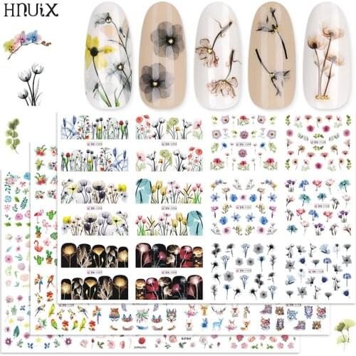 HNUIX 12 pieces water nail decals decal black flowers leaf transfer Nail Art decorations slider manicure watermark leaf tips
