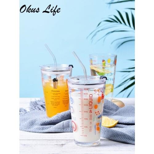500ML Flamingo Animal Carton Glass Water Bottles Family Digital Glass Measuring Cup Milk Coffee Glass Cup With lid Tea Straw Mug