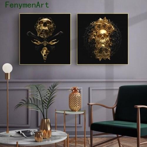 Abstract Canvas Painting Golden Skull With Black Flower Poster Prints Totem Wall Art Modern Picture For Living Room Home Decor