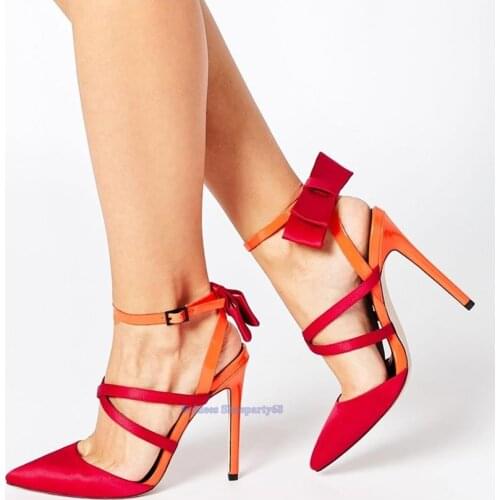 Thin Heeled Red Back Straps Bowtie Narrow Band High Heel Sandals Women Ankle Strap Party Dress Shoes