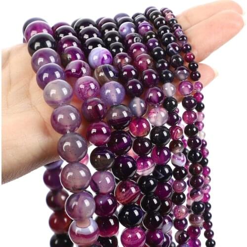 15"Strand Natural Stone Beads Smooth Purple Striped Agates Round Loose Beads For Jewelry Making Necklace Bracelet 4-12mm