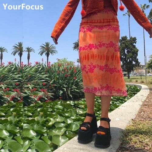 Jupe Longue Femme Vintage Y2k Hawaiian Style Orange Tie dye Flowers Long Skirts Mesh Lace Midi Skirt