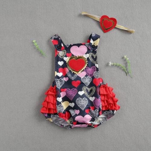 Valentines Days Baby Girls Bodysuits Headband 2pcs LOVE Heart Print Ruffles Sleeveless Jumpsuits
