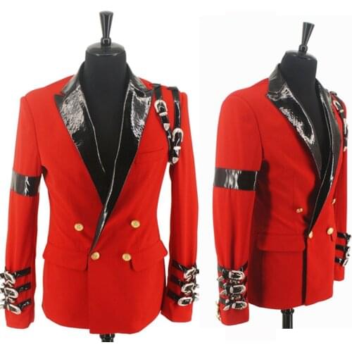 Cool MJ Michael Jackson BAD Casual Award Ceremony Red Suit Blazer Punk Buckle Cool Jacket XXS-4XL