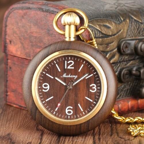 Retro Unique Royal Black Sandalwood Quartz Pocket Watch Fashion Round Dial Wood Watch with 30cm Gold Chain Men Hour Clock Gifts