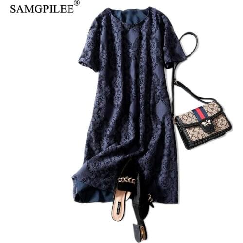Summer Clothes For Women 2020 Office Lady A-line Solid Lace Plus Size Women Dress Knee-length Empire O-neck Dresses For Women
