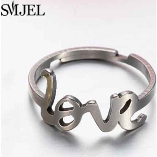 Stainless Steel Rings for Women Men Fashion Love Letter Charm Rings Adjustable Size Love Heart Ring Jewelry Anillo de mujer