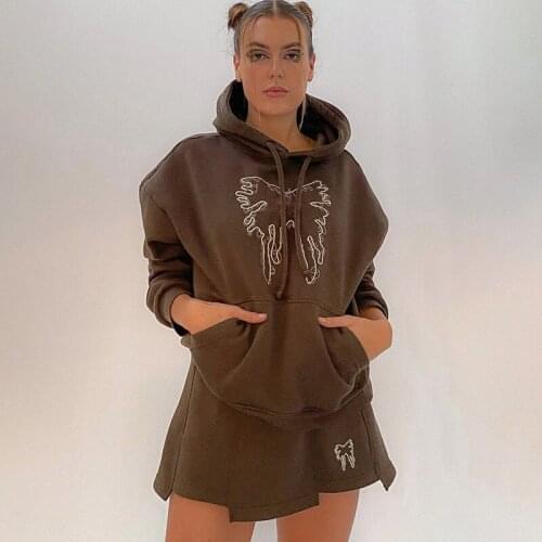 2021 autumn new skirt suit butterfly embroidery brown short skirt hooded pullover sweater casual suit