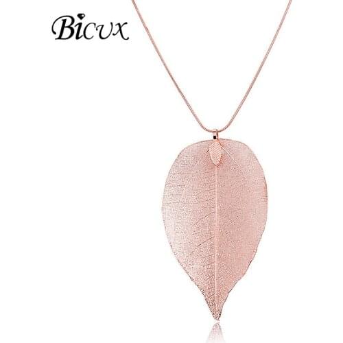 BICUX Fashion Creative Trendy Geometric Long Natural Leaf Pendant Necklaces for Women Party Clavicle Rope Chain Necklace Jewelry