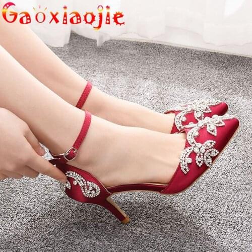 Womens Closed Pointed Toe Silk Sandals Sparkling Diamond Flower Red Wedding Bridal Shoes Summer 7.5CM Elegant Party High Heels