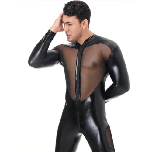 Faux Leather Night Club Dance Sexy Lingerie for Men Frot and Back Mesh Transperant Latex Tight Bodysuit Jumpsuit Fetishwear 3XL