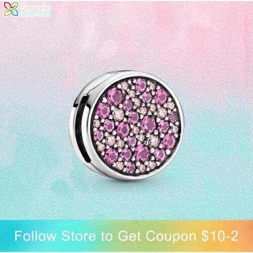 Smuxin 925 Sterling Silver Charm Pink Pavé Clip Charm fit Original Pandora Bracelets for Women Jewelry Making Girl DIY Jewelry