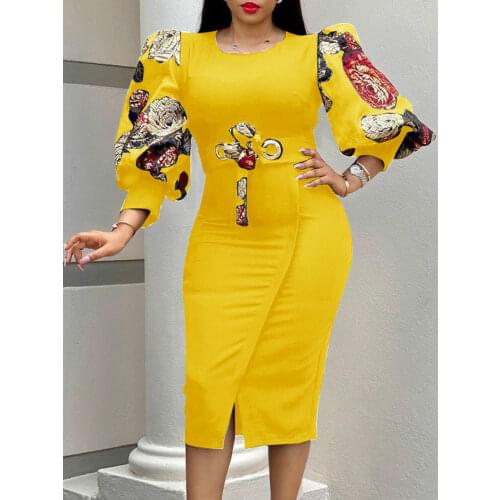 Printed Party Dress Bodycon O Neck Lantern Sleeve Slim Fit Package Hip African Fashion Spring Summer Birthday Date Night Wear