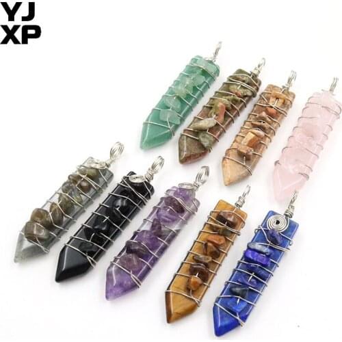 YJXP Silver Plated Sword-shaped Crystal Natural Stone 7 Chakra Handmade Gravel Stone Column Wire Wrapped Trendy Pendant Jewelry