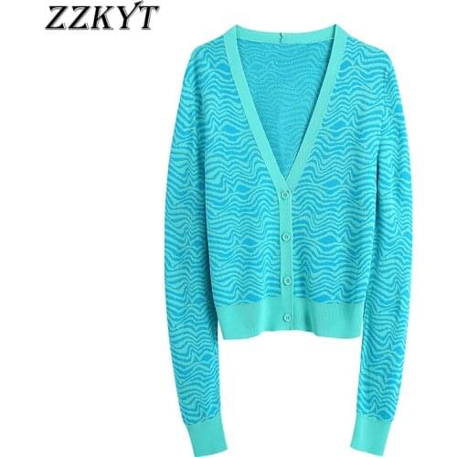 ZZKYT 2021 Women Spring Fashion Jacquard Single Breasted Knit Jacket Coat Vintage V-Neck Long Sleeve Outerwear Casual Tops Mujer