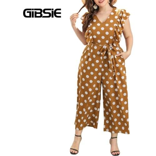 GIBSIE Ruffle Trim Polka Dot Belted Jumpsuit With Pocket Summer Women Plus Size High Waist Vintage Ladies Wide Leg Jumpsuits