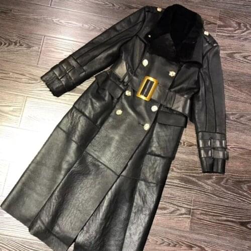 Women lamb leather long shearling coat ladies genuine lambskin