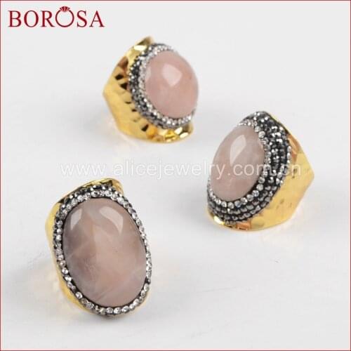 BOROSA Druzy Quartz Gold Plated Ring Crystal Rhinestone Pave Pink Quartz Stone Cuff Ring Drusy Jewelry Party Women Ring JAB678