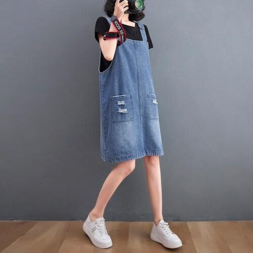 Fashion Womens Ripped Jeans Dress Suspenders Pocket Washed Bleached Spaghetti Strap Denim Dress Plus Size Vestidos Summer 2021