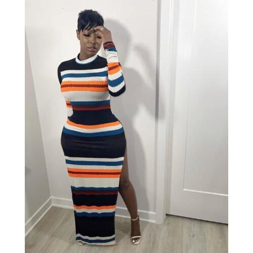 New Autumn Colorful Striped Knit Rib Long Dress for Women Sexy Long Sleeve High Slit Slim Club wear Party Maxi Dress Robe Lounge