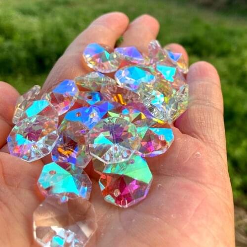 20Pc Octagon Bead Ornament Crystal AB Color 2 Hole Glass Lamp Prism Chandelier Chain Part DIY Spacer Faceted