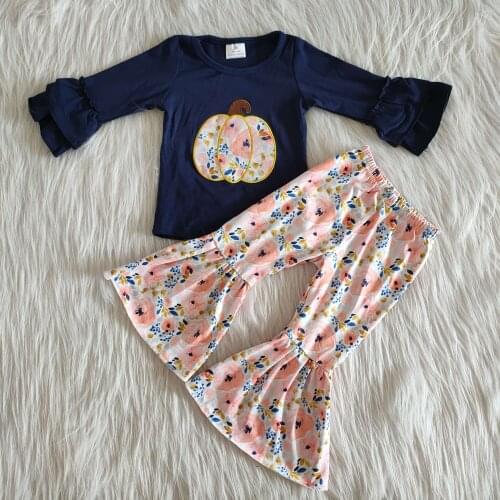 2020 embroidery pumpkin outfits Toddler Girls Clothes Children Long Sleeve Flower Bell Bottoms Sets boutique kid outfits