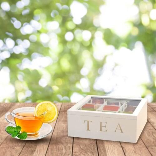 Bamboo Tea Box With Lid 9-Compartment Coffee Tea Bag Storage Holder Organizer For Kitchen Cabinets Expedient