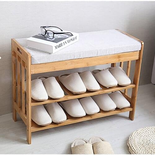 Bamboo shoes bench Entrance wear shoes stool with cushion small shoes cabinet simple modern solid wood multi-layer shoe rack