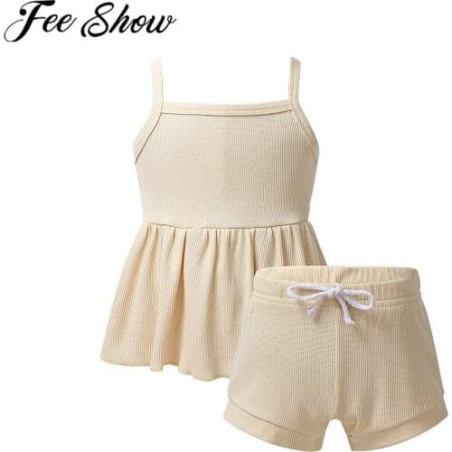 FEESHOW New Newborn Infant Baby Clothes Sleeveless Ruffle Dress Crop Tops Shorts Outfits Set Cute Girls Summer Clothing Set